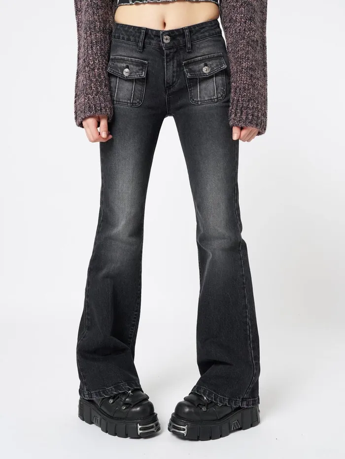 Women Minga London Bottoms Jade Black Front Pocket Flare Jeans