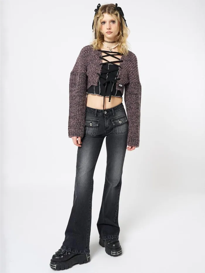 Women Minga London Bottoms Jade Black Front Pocket Flare Jeans