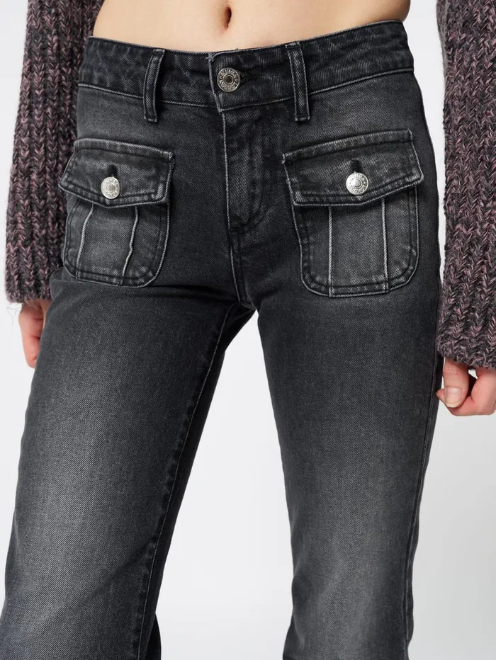 Women Minga London Bottoms Jade Black Front Pocket Flare Jeans
