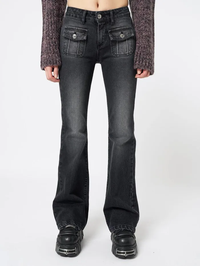 Women Minga London Bottoms Jade Black Front Pocket Flare Jeans