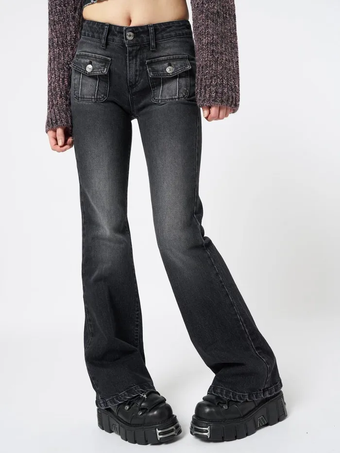 Women Minga London Bottoms Jade Black Front Pocket Flare Jeans