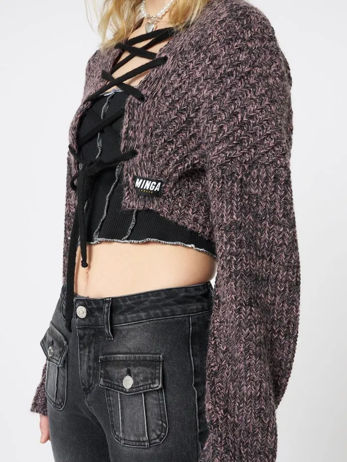 Women Minga London Jackets and Cardigans Arabella Mauve Knitted Lace Up Cardigan