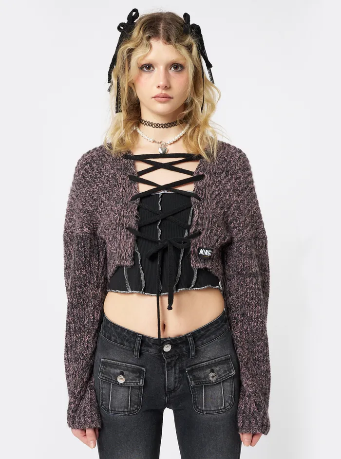 Women Minga London Jackets and Cardigans Arabella Mauve Knitted Lace Up Cardigan