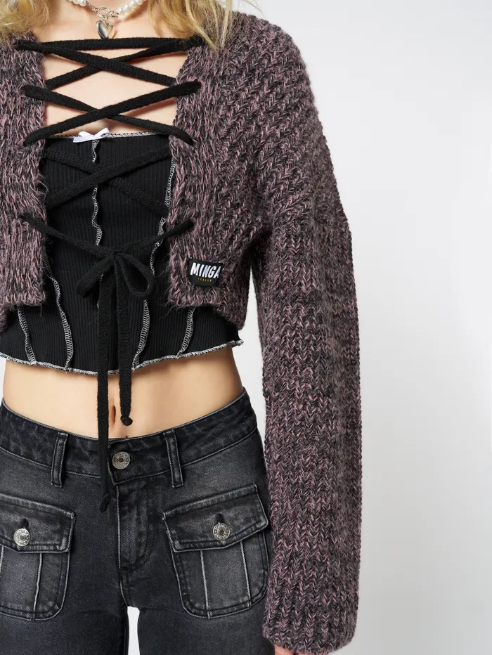 Women Minga London Jackets and Cardigans Arabella Mauve Knitted Lace Up Cardigan