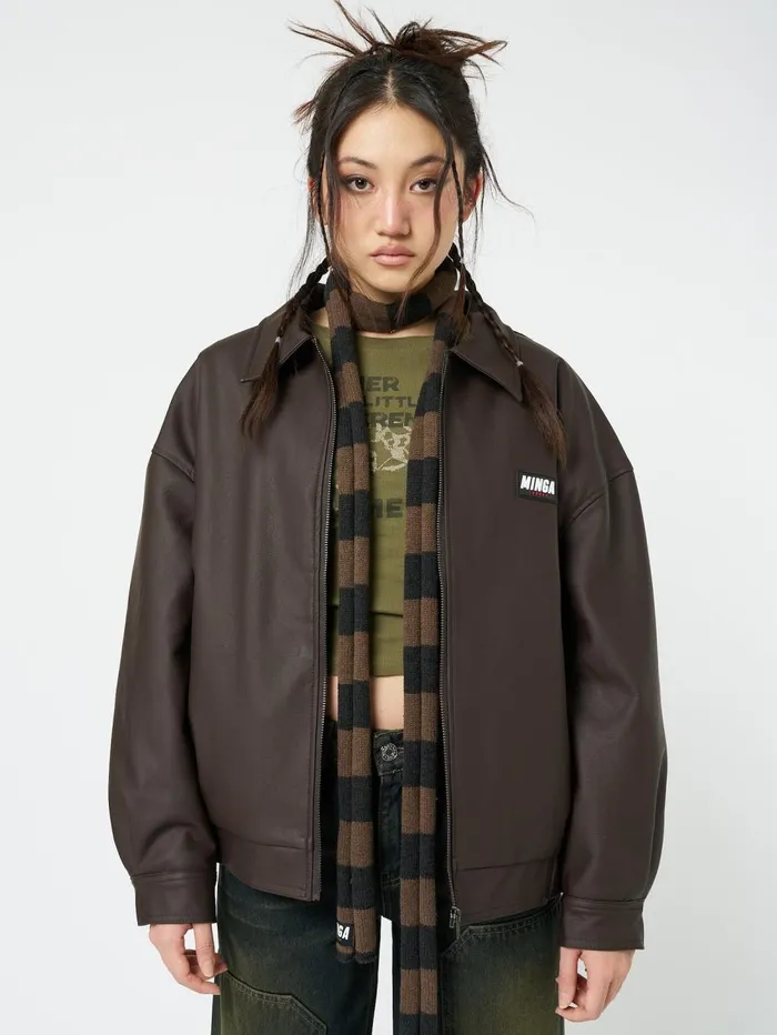 Women Minga London Jackets and Cardigans Nora Vegan Leather Bomber Jacket In Brown Women Minga London Jackets and Cardigans Nora Vegan Leather Bomber Jacket In Brown