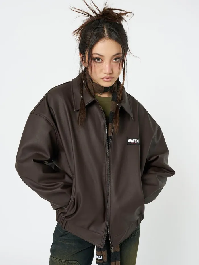 Women Minga London Jackets and Cardigans Nora Vegan Leather Bomber Jacket In Brown