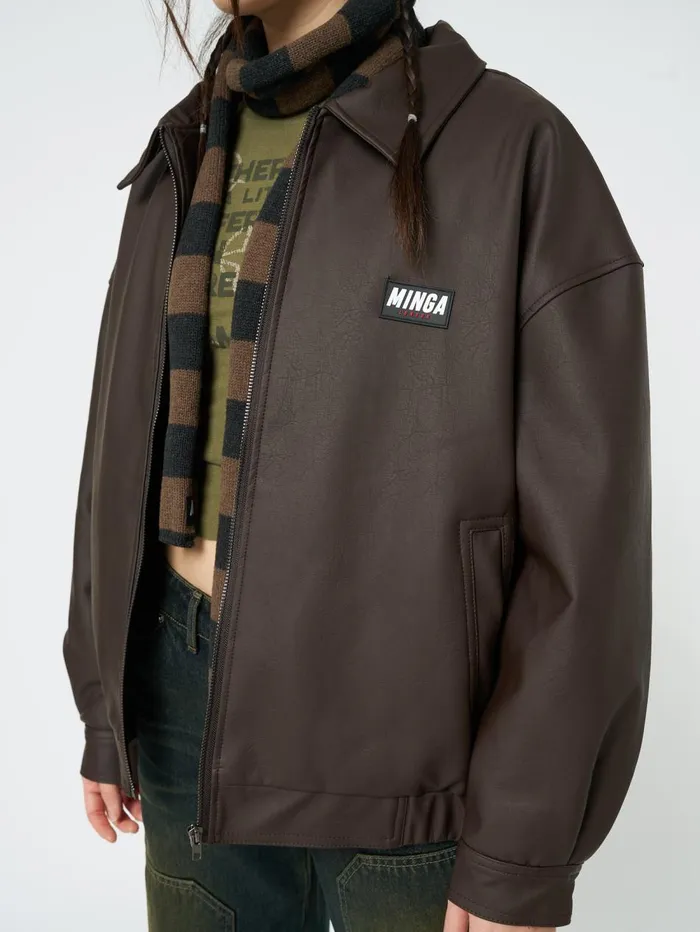 Women Minga London Jackets and Cardigans Nora Vegan Leather Bomber Jacket In Brown