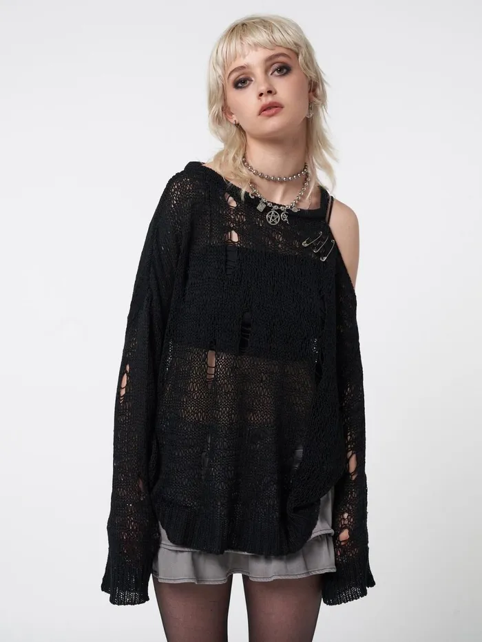 Women Minga London Sweaters and Hoodies Avril Distressed Cut Out Net Knit Jumper