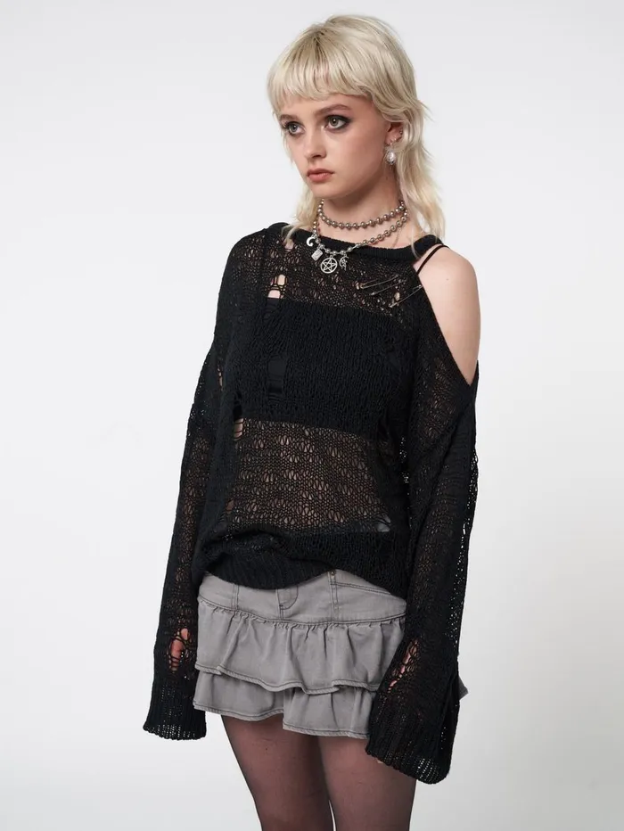 Women Minga London Sweaters and Hoodies Avril Distressed Cut Out Net Knit Jumper