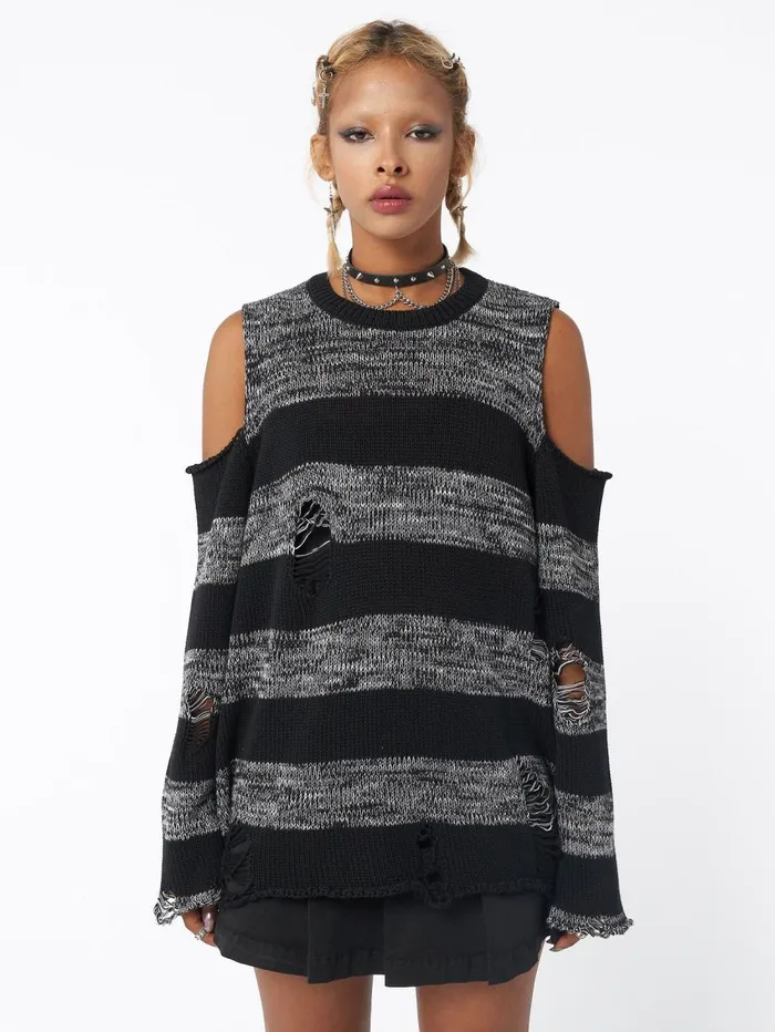 Women Minga London Sweaters and Hoodies Curtis Black Grey Striped Knit Jumper