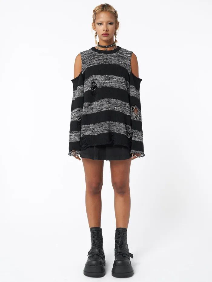 Women Minga London Sweaters and Hoodies Curtis Black Grey Striped Knit Jumper