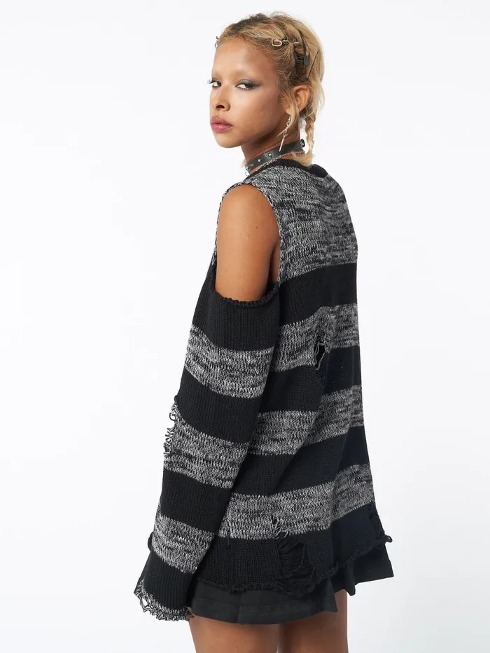 Women Minga London Sweaters and Hoodies Curtis Black Grey Striped Knit Jumper