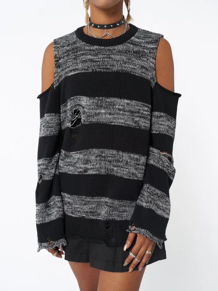 Women Minga London Sweaters and Hoodies Curtis Black Grey Striped Knit Jumper