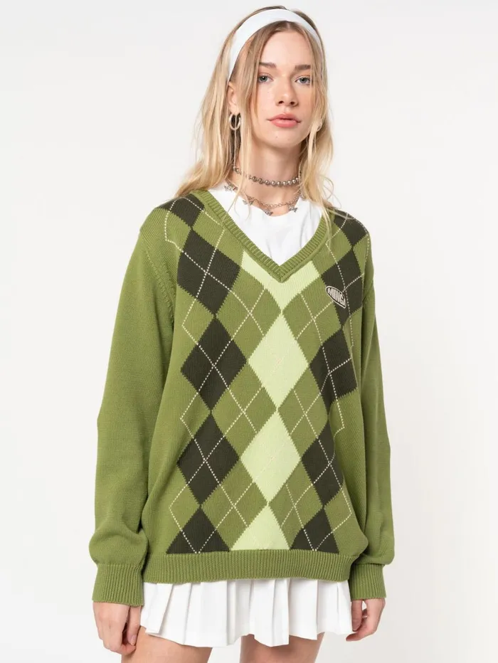 Women Minga London Sweaters and Hoodies Green Shades Argyle Knitted Jumper