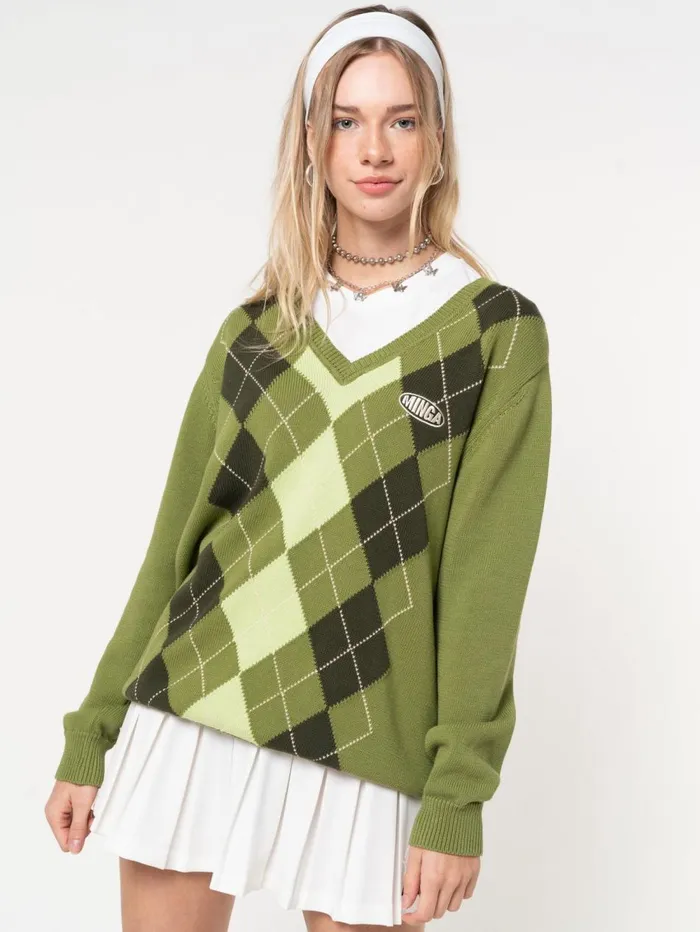 Women Minga London Sweaters and Hoodies Green Shades Argyle Knitted Jumper