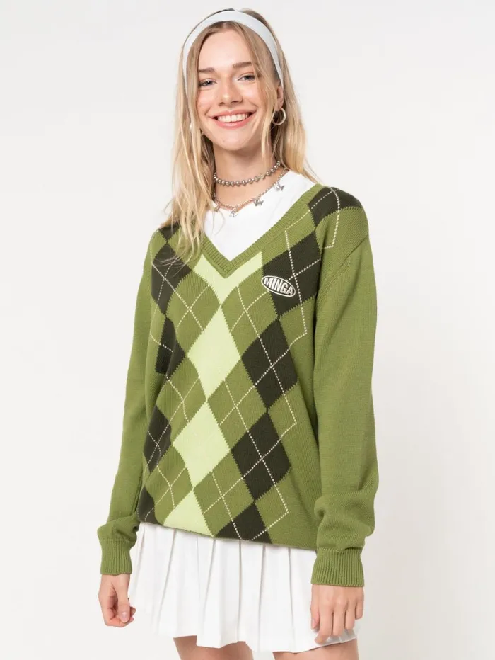 Women Minga London Sweaters and Hoodies Green Shades Argyle Knitted Jumper