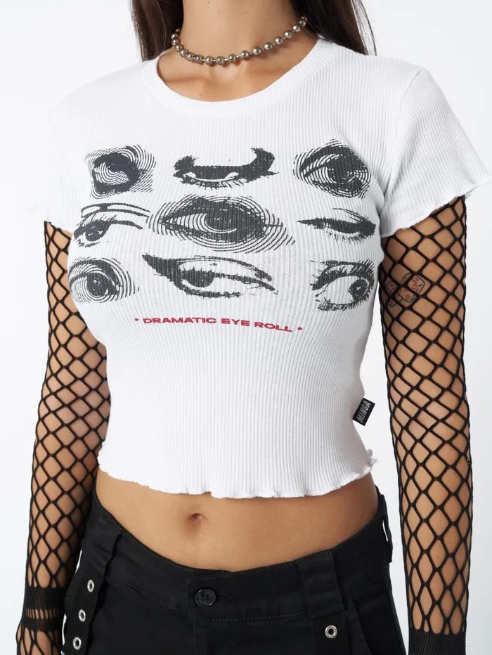 Women Minga London Tops and TShirts Eye Roll White Rib Baby Tee