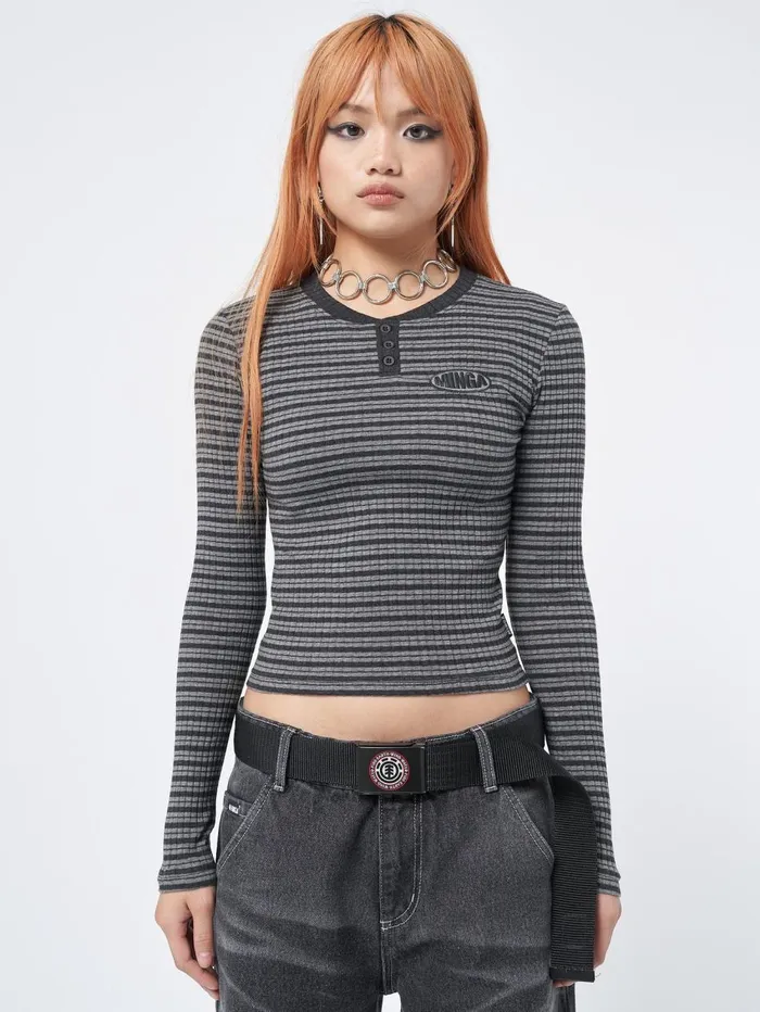 Women Minga London Tops and TShirts Graphite Half Button Striped Rib Top