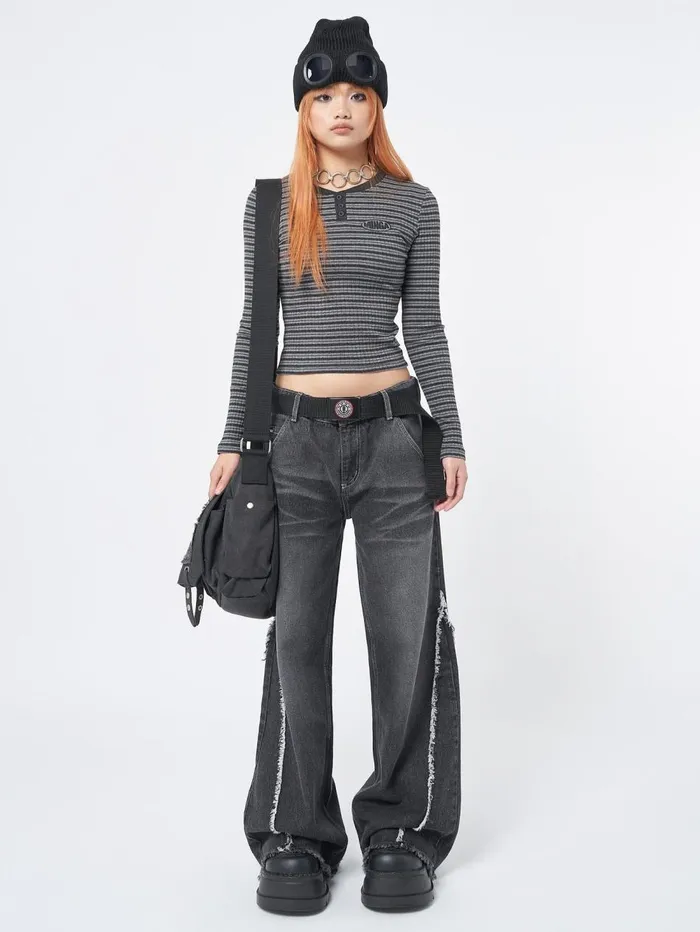 Women Minga London Tops and TShirts Graphite Half Button Striped Rib Top