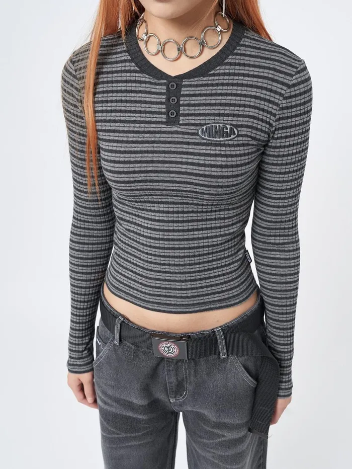 Women Minga London Tops and TShirts Graphite Half Button Striped Rib Top