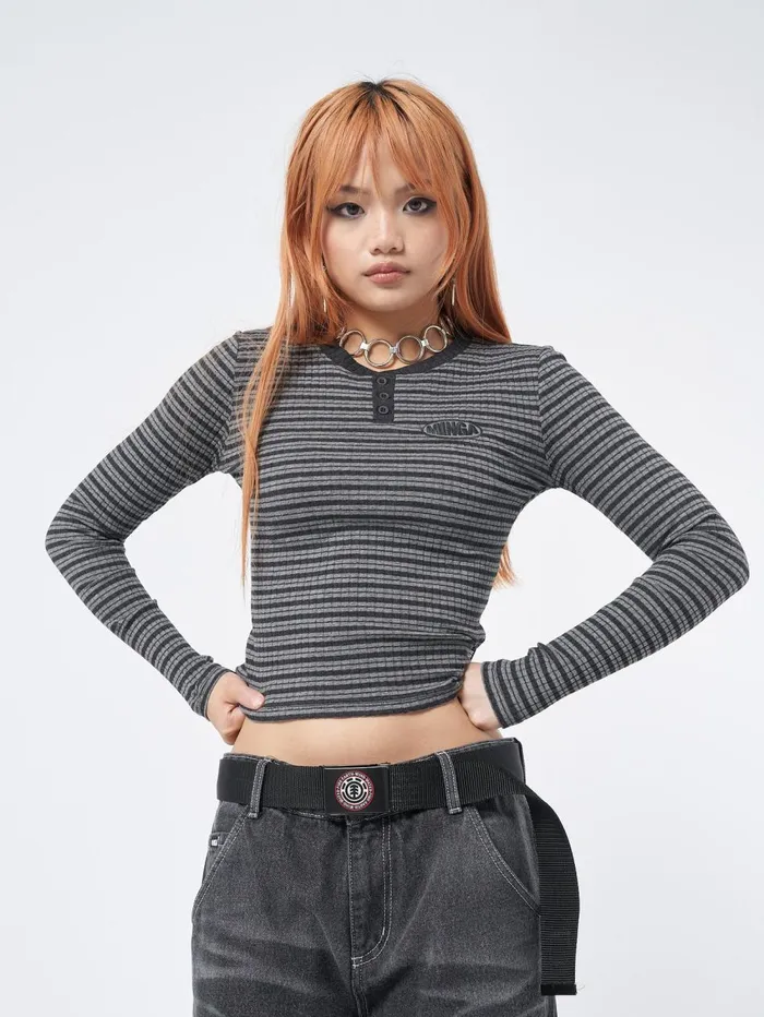 Women Minga London Tops and TShirts Graphite Half Button Striped Rib Top