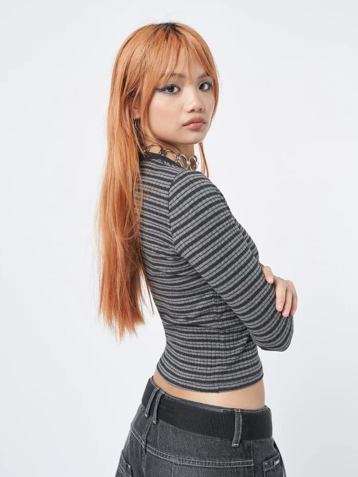 Women Minga London Tops and TShirts Graphite Half Button Striped Rib Top