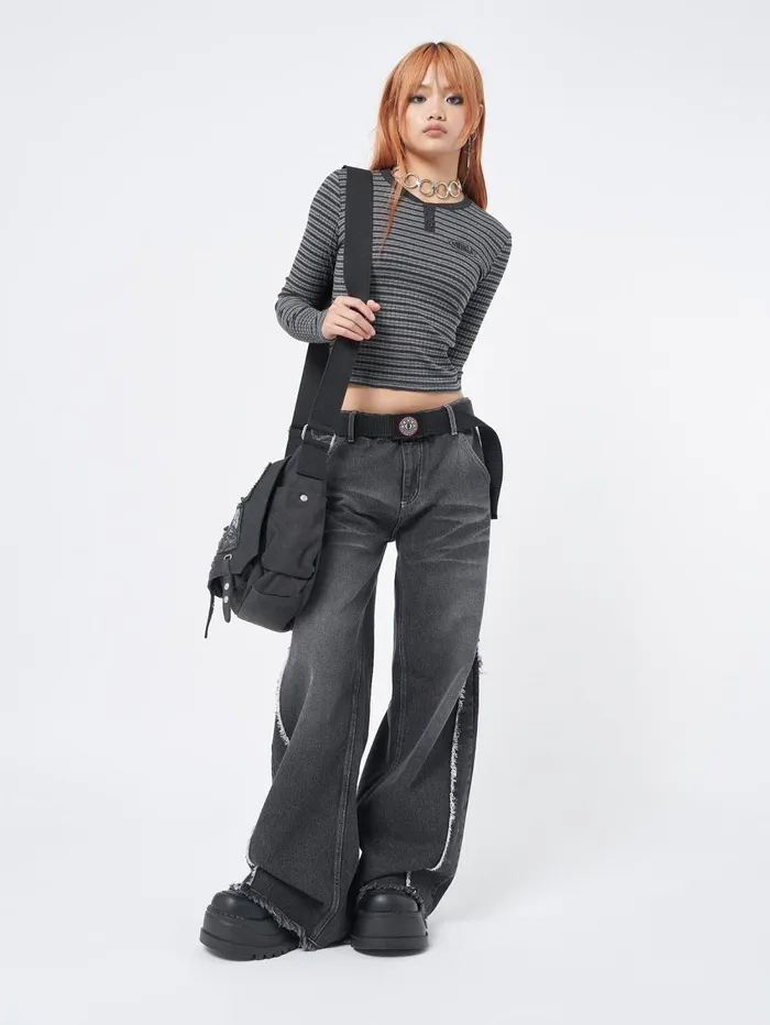 Women Minga London Tops and TShirts Graphite Half Button Striped Rib Top