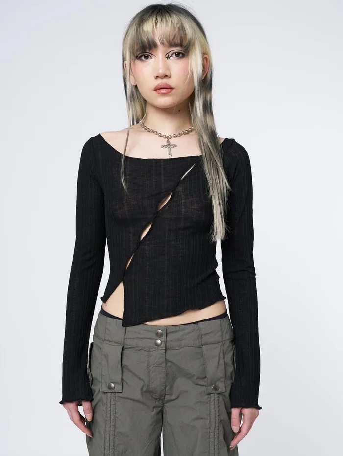 Women Minga London Tops and TShirts Hana Black Asymmetrical Cut Out Top