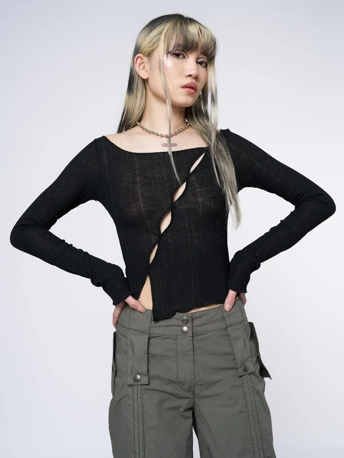 Women Minga London Tops and TShirts Hana Black Asymmetrical Cut Out Top