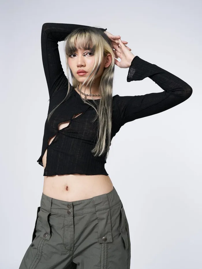 Women Minga London Tops and TShirts Hana Black Asymmetrical Cut Out Top