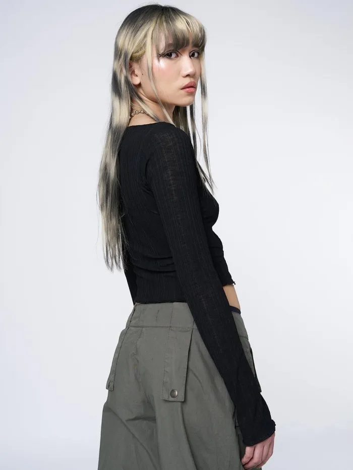 Women Minga London Tops and TShirts Hana Black Asymmetrical Cut Out Top