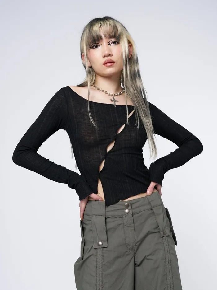 Women Minga London Tops and TShirts Hana Black Asymmetrical Cut Out Top
