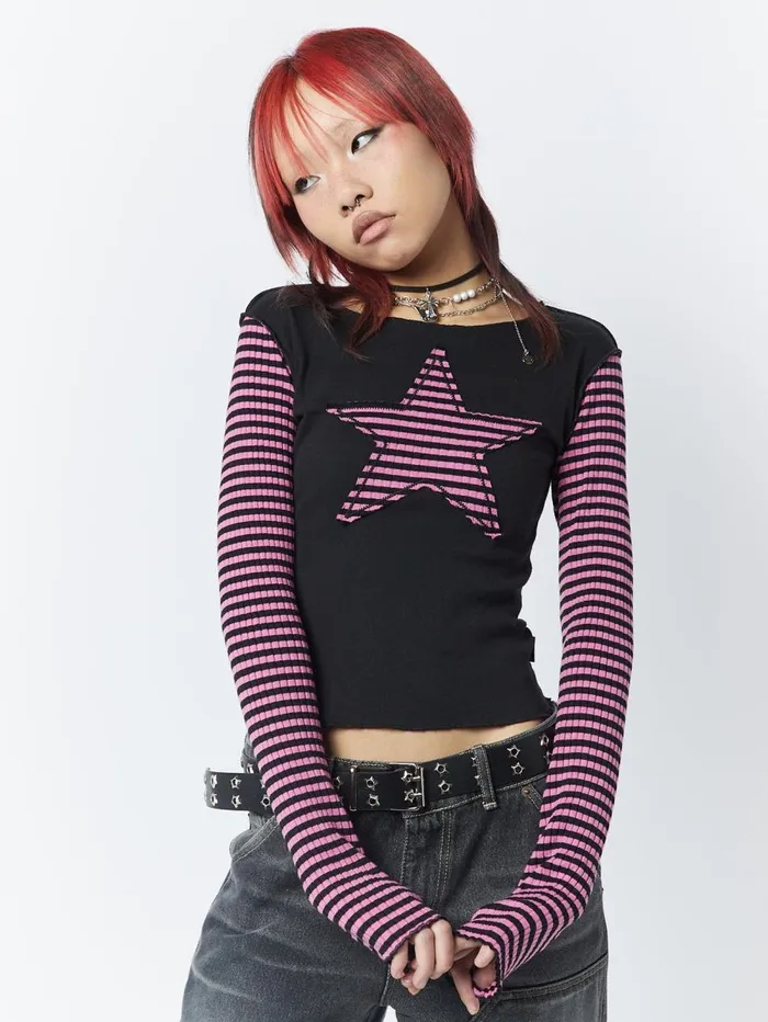 Women Minga London Tops and TShirts Lost Star Pink Black Striped Long Sleeve Top