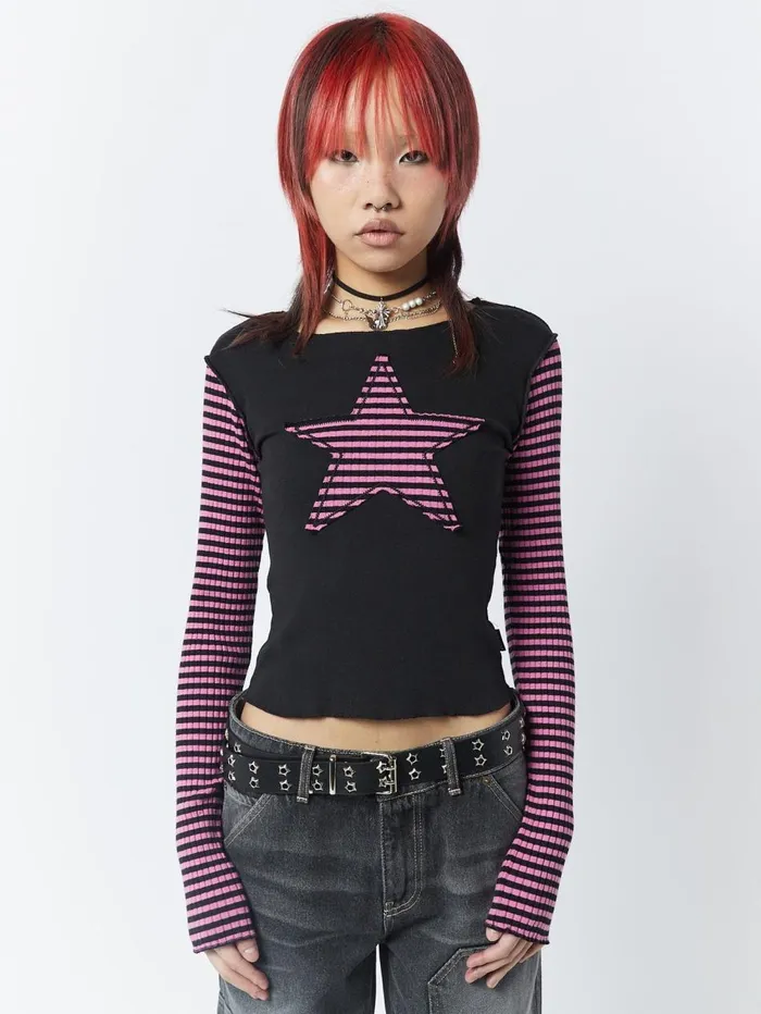 Women Minga London Tops and TShirts Lost Star Pink Black Striped Long Sleeve Top