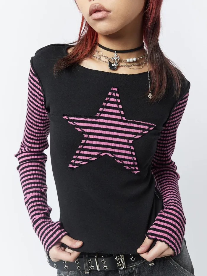 Women Minga London Tops and TShirts Lost Star Pink Black Striped Long Sleeve Top