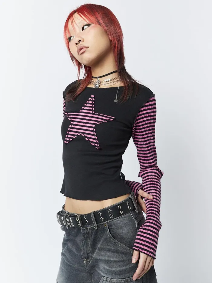 Women Minga London Tops and TShirts Lost Star Pink Black Striped Long Sleeve Top