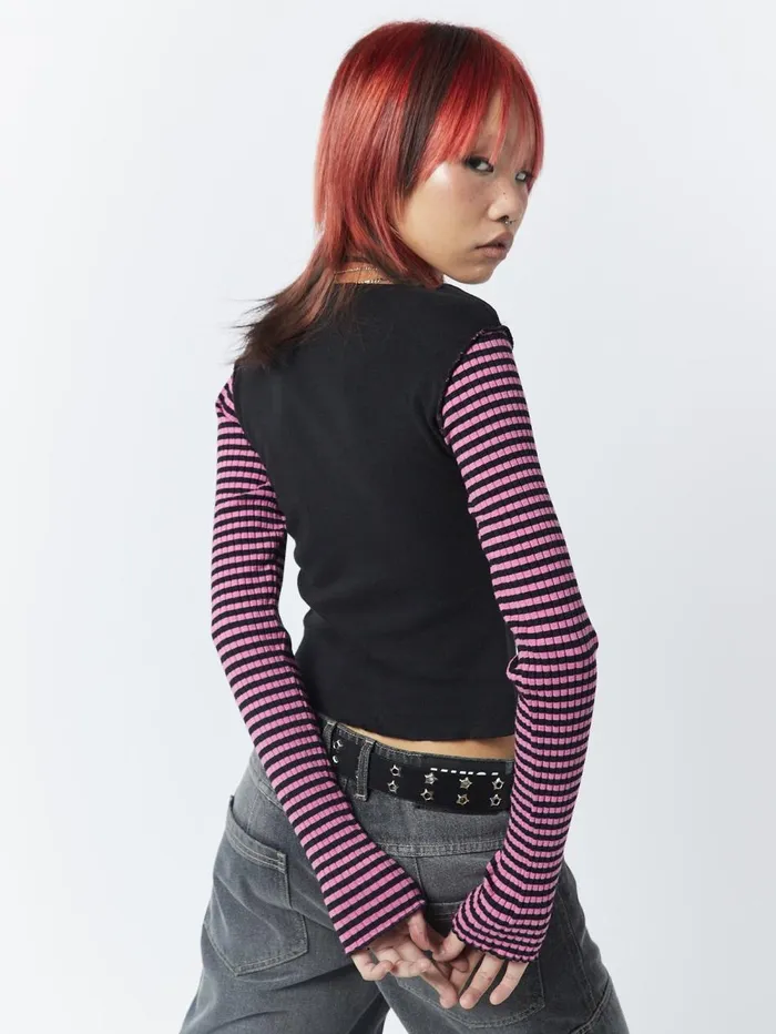 Women Minga London Tops and TShirts Lost Star Pink Black Striped Long Sleeve Top