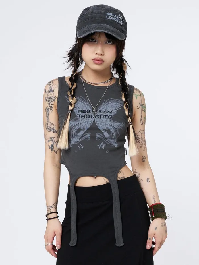 Women Minga London Tops and TShirts Restless Thoughts Grey Straps Top