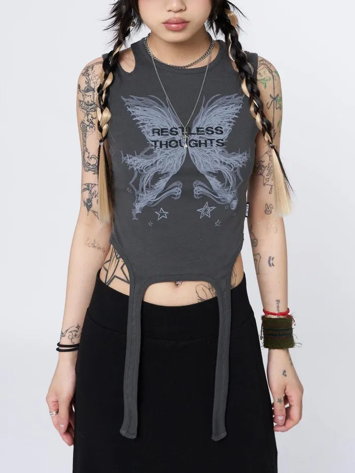 Women Minga London Tops and TShirts Restless Thoughts Grey Straps Top