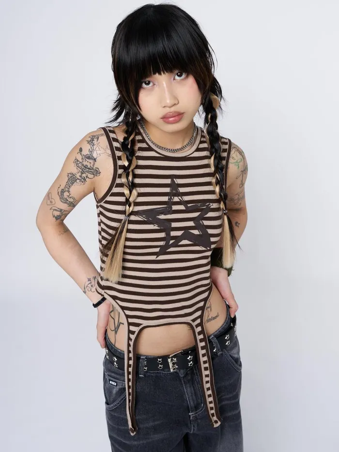 Women Minga London Tops and TShirts Star Sketch Beige Striped Straps Top