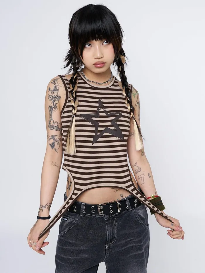 Women Minga London Tops and TShirts Star Sketch Beige Striped Straps Top