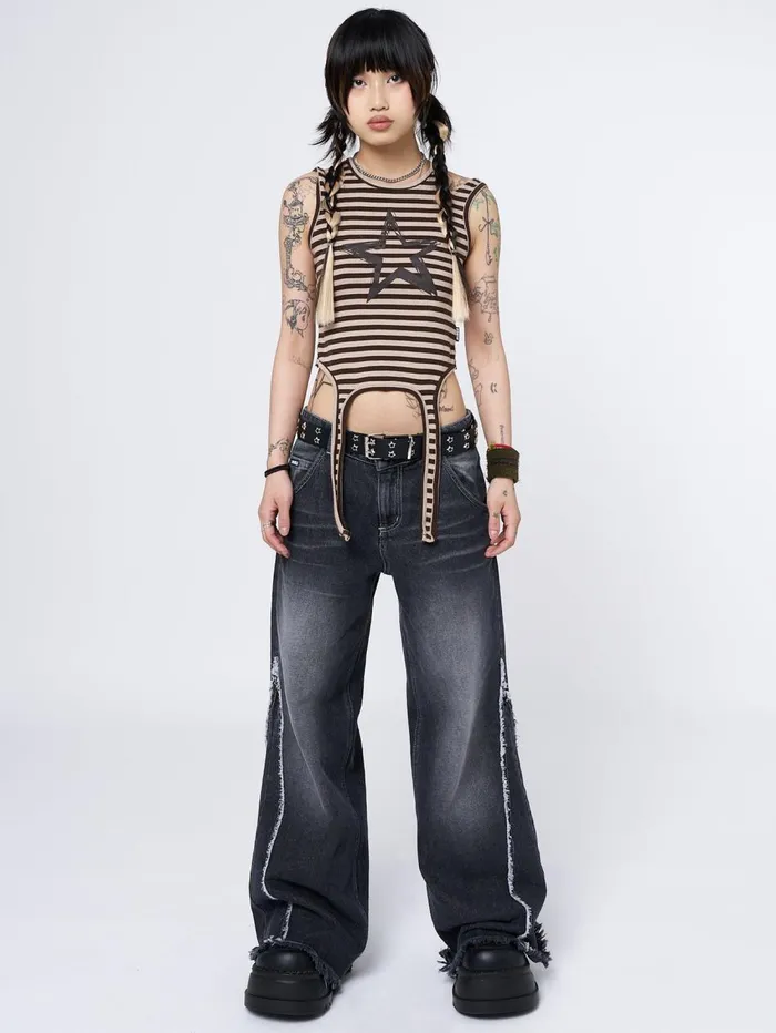 Women Minga London Tops and TShirts Star Sketch Beige Striped Straps Top