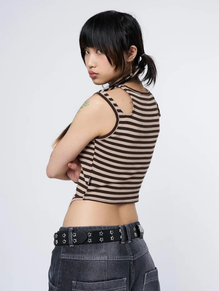 Women Minga London Tops and TShirts Star Sketch Beige Striped Straps Top