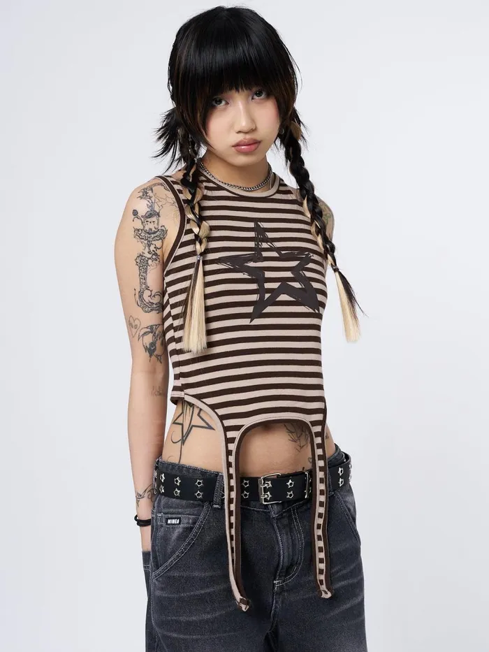 Women Minga London Tops and TShirts Star Sketch Beige Striped Straps Top