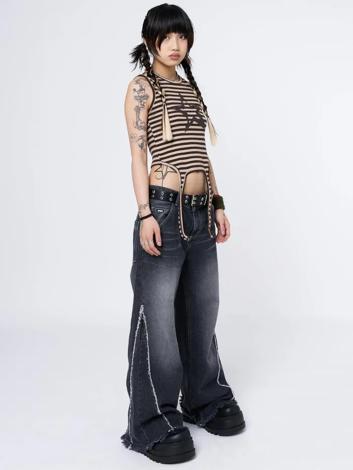 Women Minga London Tops and TShirts Star Sketch Beige Striped Straps Top