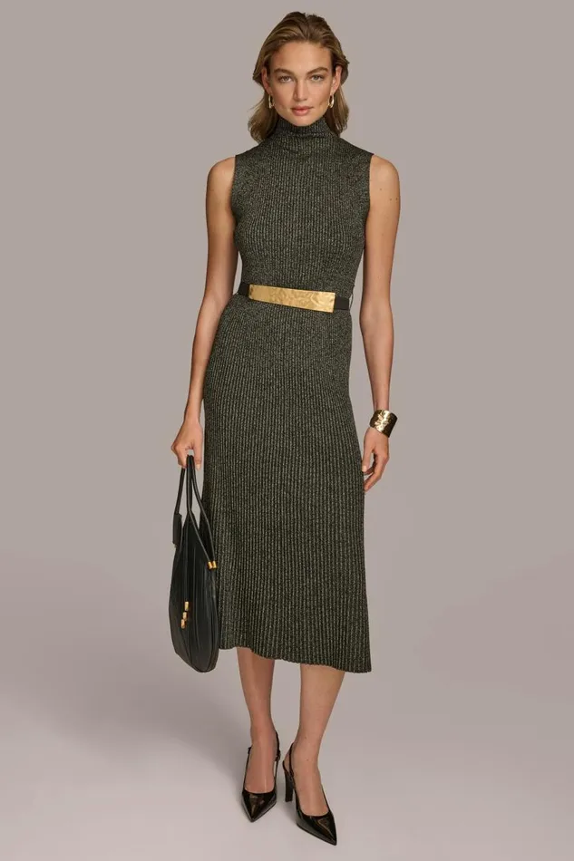 Women MOCK NECK RIBBED DRESS WITH BELT Blackgold Donna Karan New York Dresses And Jumpsuits Women MOCK NECK RIBBED DRESS WITH BELT Blackgold Donna Karan New York Dresses And Jumpsuits