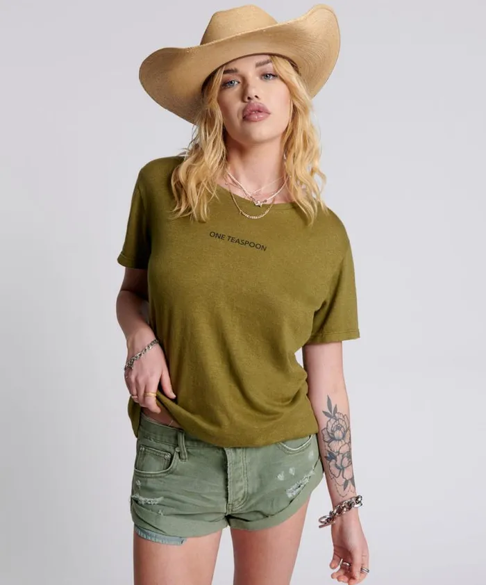Women ONE TEASPOON LINEN WIDE NECK TEE KHAKI One Teaspoon Tees and Tanks