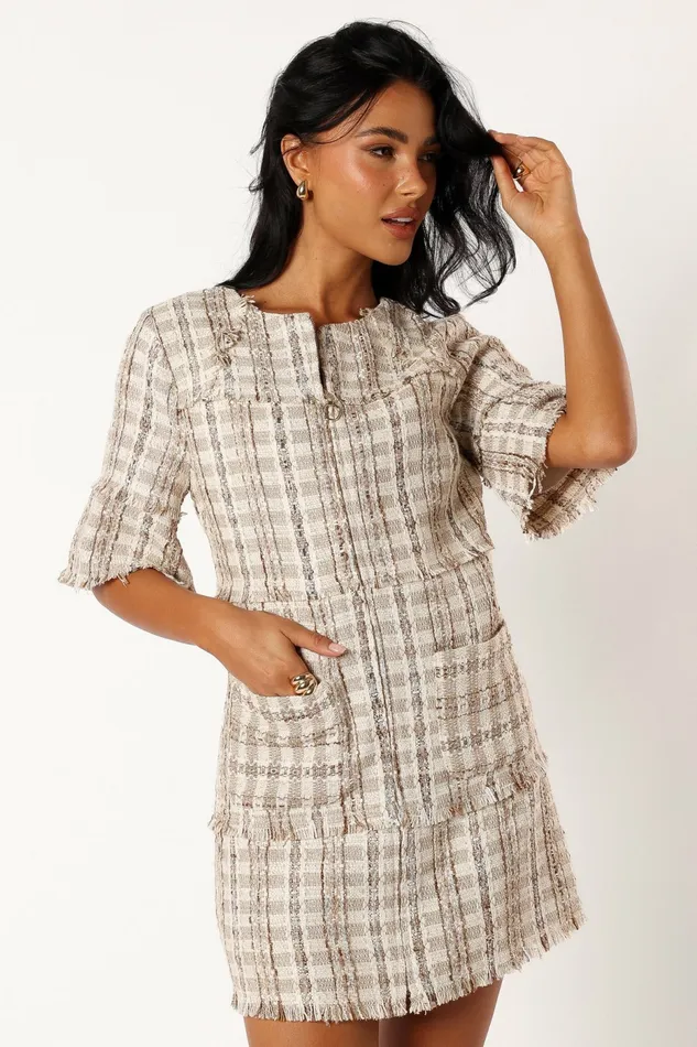 Women Petal and Pup Calloway Mini Dress Cream Tweed Fall Dresses