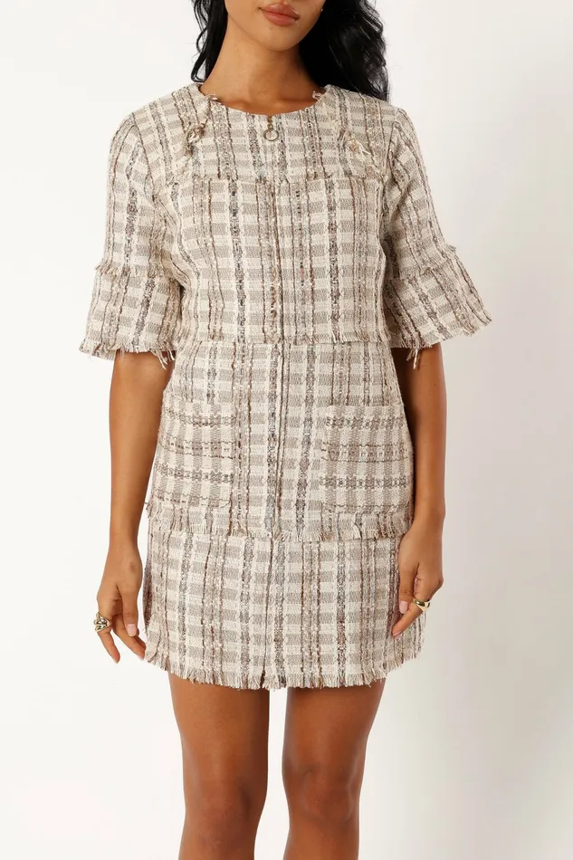 Women Petal and Pup Calloway Mini Dress Cream Tweed Fall Dresses