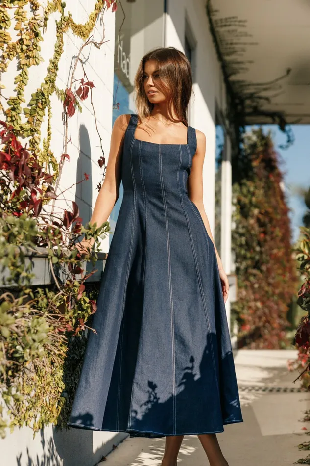 Women Petal and Pup Callum Midi Dress Dark Denim Denim